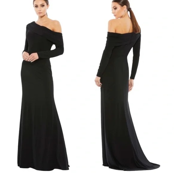 MAC DUGGAL IEENA Drop Shoulder Long Sleeve Column Formal Gown Black Size 14 NWT - Picture 1 of 12